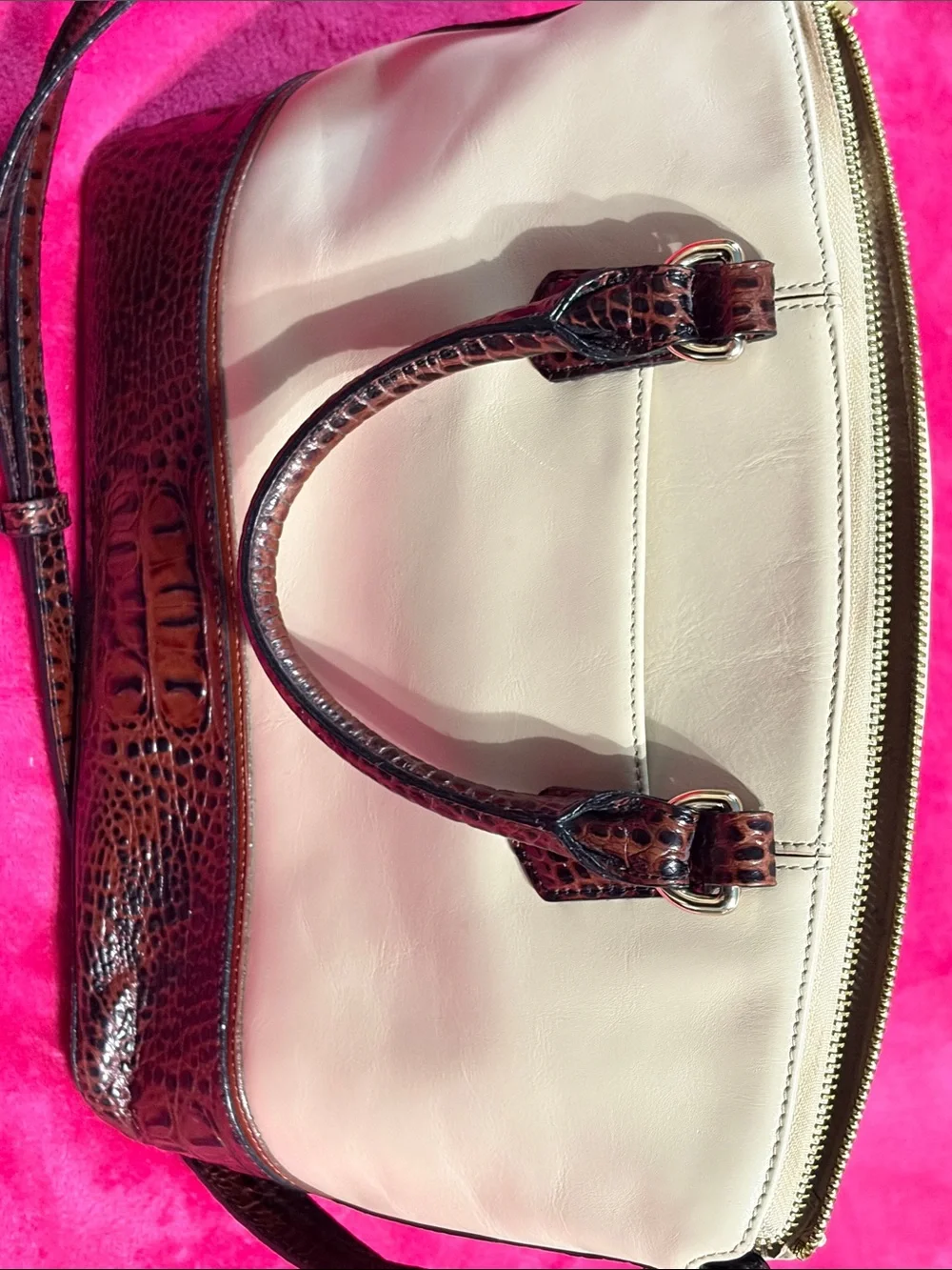 Brahmin Cream Satchel with Brown Croc Trim and Handles